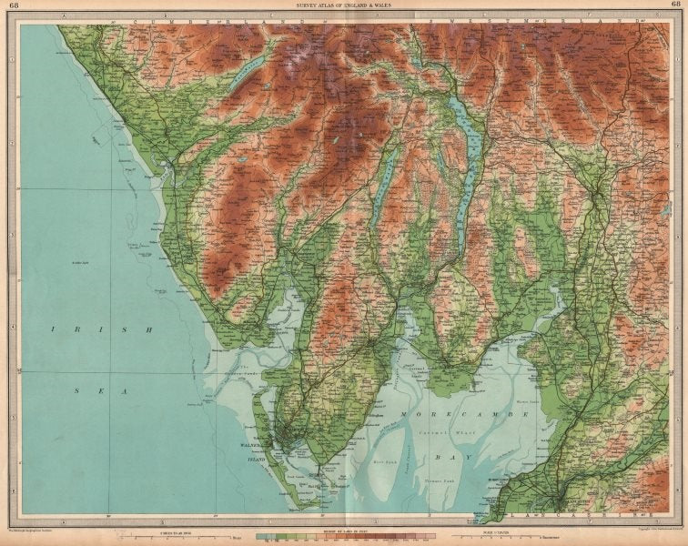 LAKE DISTRICT Barrow Windermere Ambleside Kendal Morecambe Bay. LARGE 1939 map